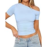 ForeFair Womens Short Sleeve Off Shoulder Tops Going Out Crop Top Slim Fitted Shirts Summer Outfits Y2K Cute Tops