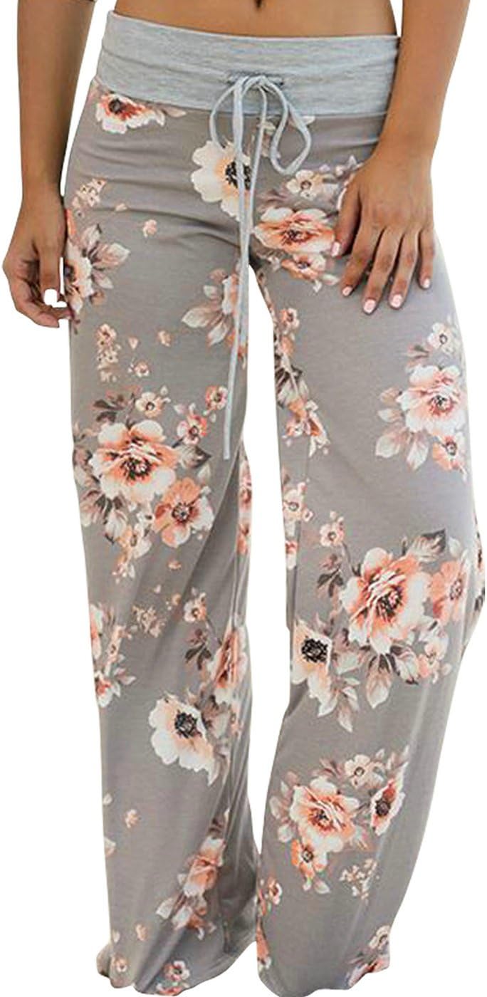 Elsofer Women's Pajama Lounge Pants Floral Print Comfy Casual Stretch Palazzo Drawstring Pj Bottoms Pants Wide Leg