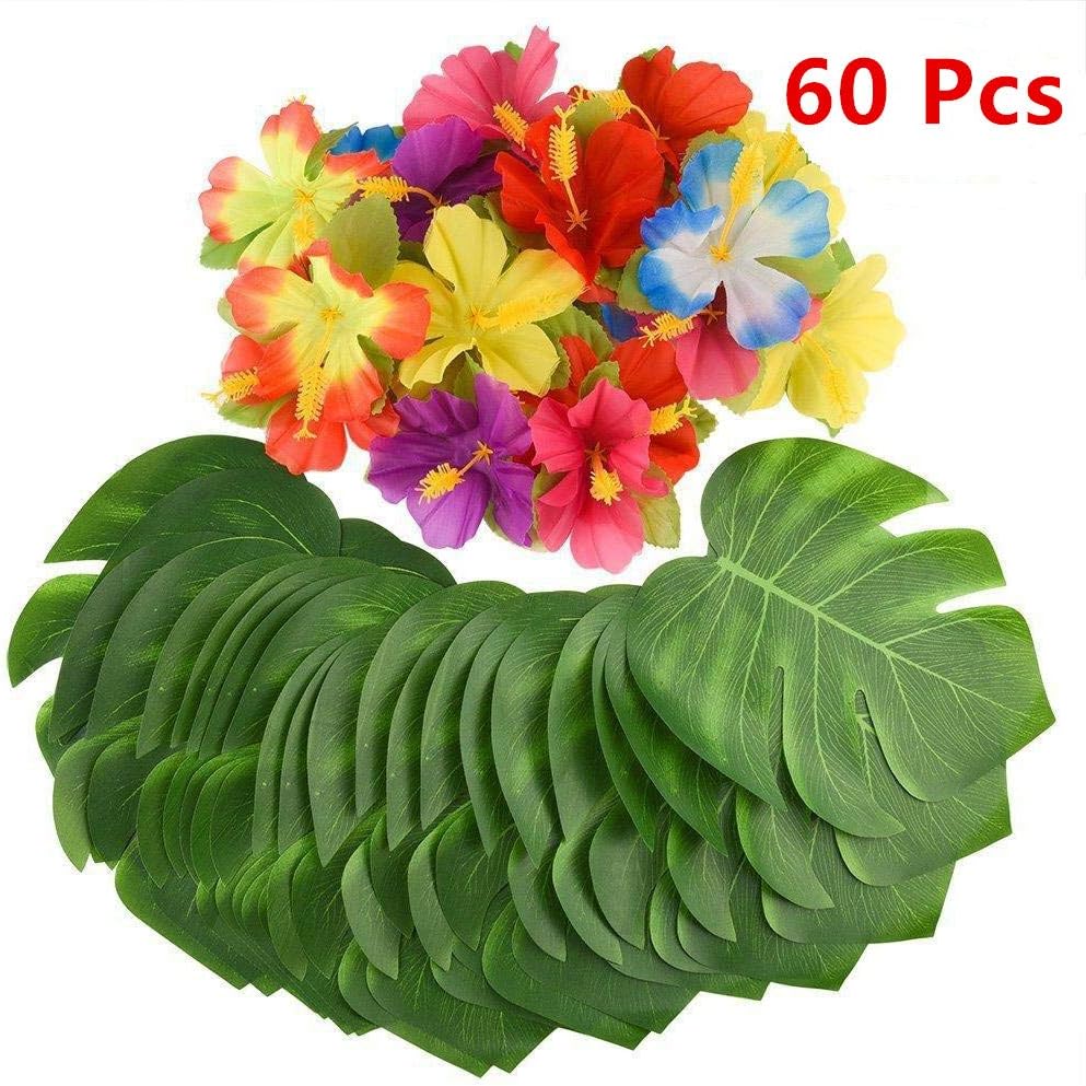 AbbonyDuo 60pcs Tropical 8" Palm Leaves Decorations Jungle Theme Party Supplies Hibiscus Flowers and Artificial Monstera Leaf Decor for Hawaiian Aloha Luau Party BBQ Birthday Beach Wedding