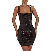 Famnbro Womens Sexy Sequin Dress Square Neck Sleeveless Cocktail Party Bodycon Sparkle Mini Dresses