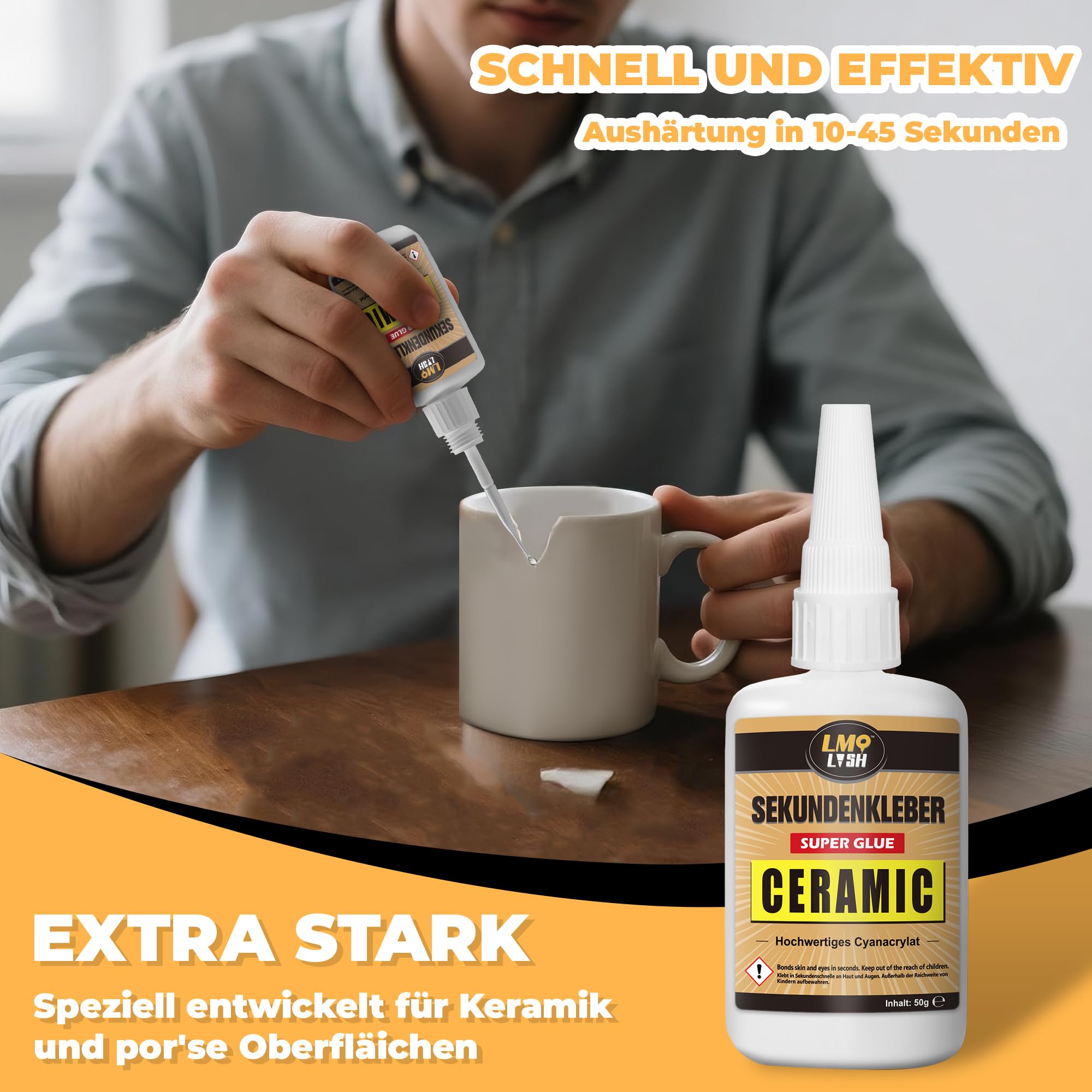 Sekundenkleber extra stark für Keramik und Porzellan 50g, Wasserfester und hitzebeständiger Porzellankleber, Keramikkleber mit Anti-Verstopfungskappe, Cyanacrylat(CA) Sekundenkleber für Keramik 2