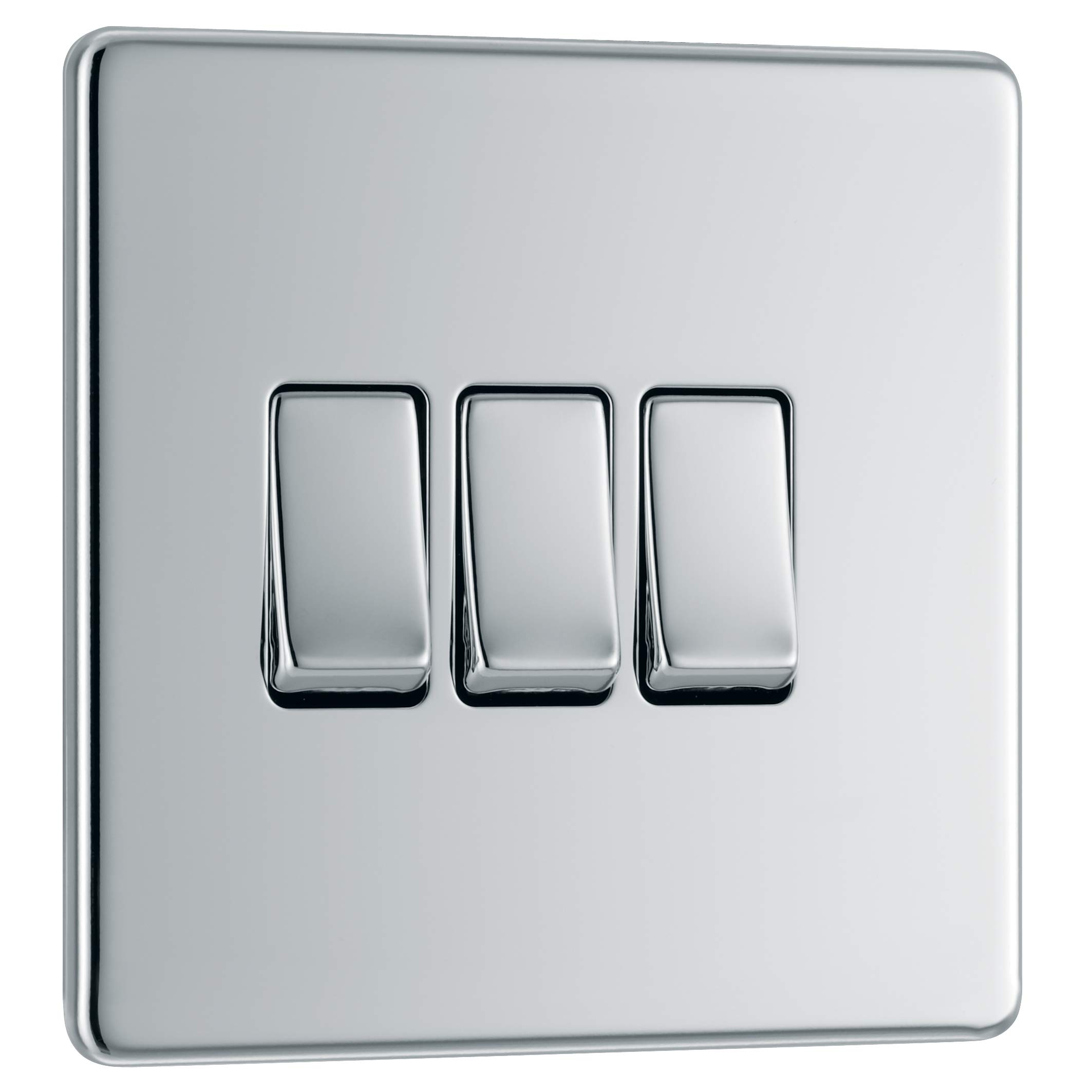 BG Electrical Triple Wall Light Switch, 2 Way, Screwless Front Plate, Slim Profile, Premium Flatplate, Polished Chrome, 20A, 16AX, FPC43