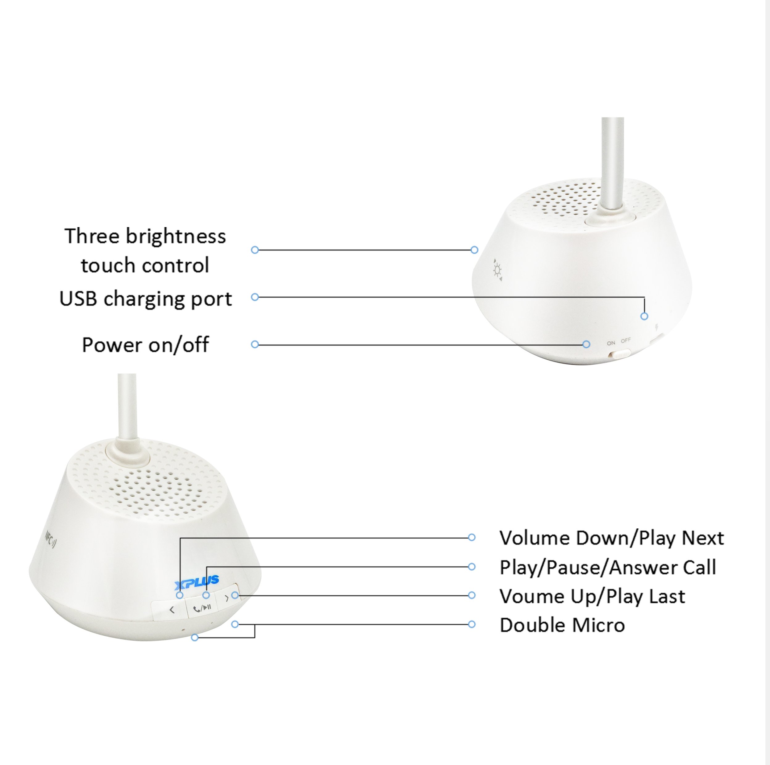 XPLUS Portable Rechargeable LED Desk Lamp & Bluetooth Wireless Speaker With Adjustable Brightness,Flexible Folding Design, Smart Music, Eye Care Reading Light