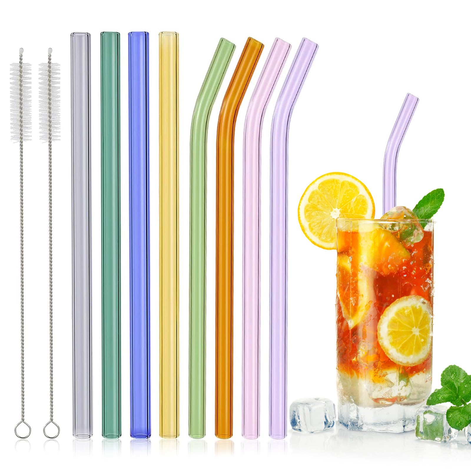 8Pcs Reusable Glass Straw Kit, Durable Shatter Resistant, 4 Curved + 4 Straight Glass Straws + 2 Cleaner Brushes, Multicolour Boba Straws for Tea, Milk, Coffee