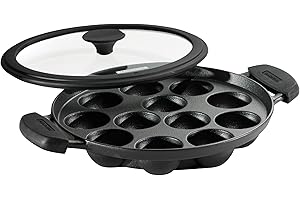 Tramontina Utsava Pre-Seasoned Cast Iron Appam Pan, 12-Hole Appe Pan with Lid, Great for Paniyaram, Takoyaki and More