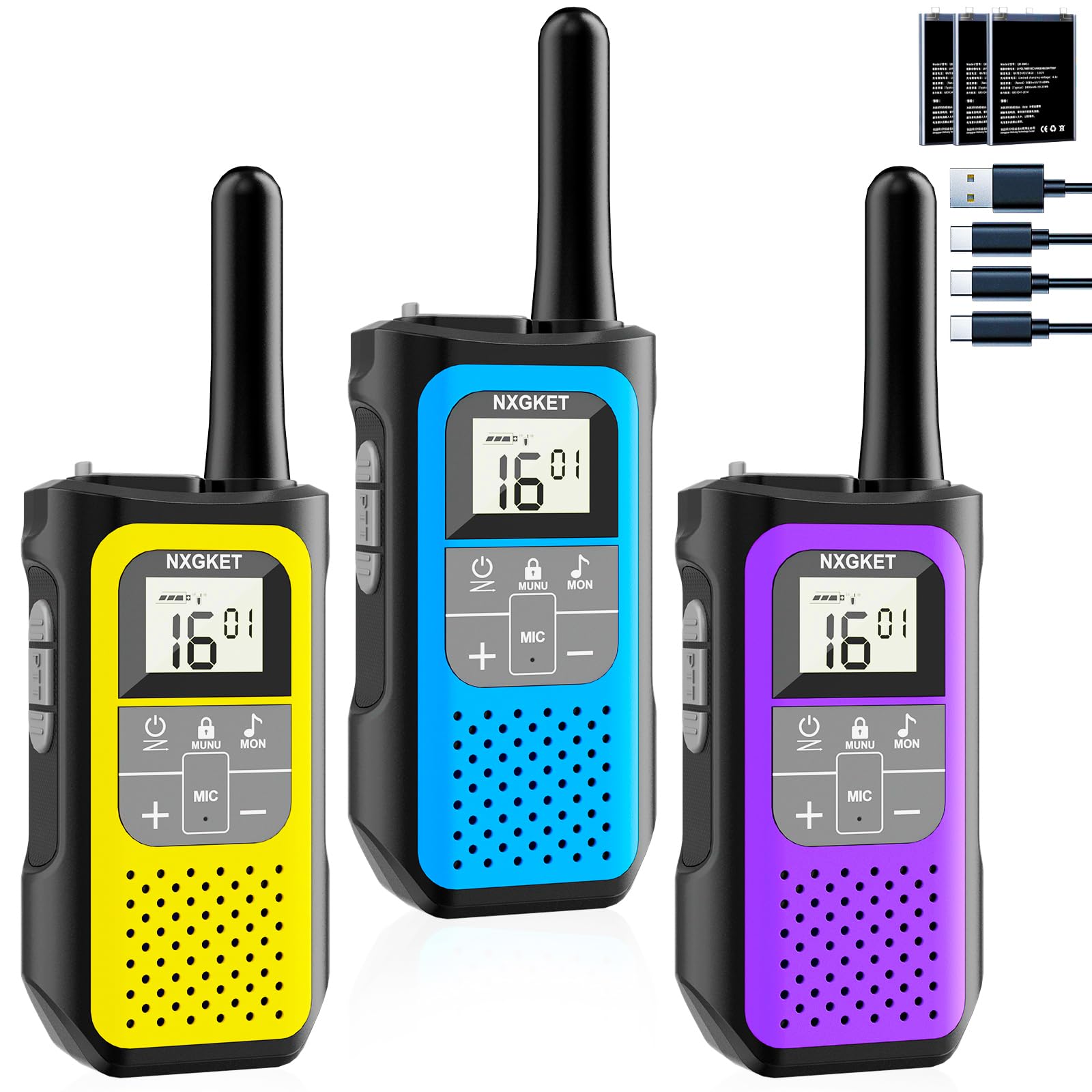 Walkie Talkies for Adults Kids, NXGKET Long Range Walkie Talkie Rechargeable 2 Way Radios 16 Channels with 1200mAh Li-ion Battery, USB-C Cable, VOX for Boys Girls Toys Outdoor Camping Hiking 3 Pack