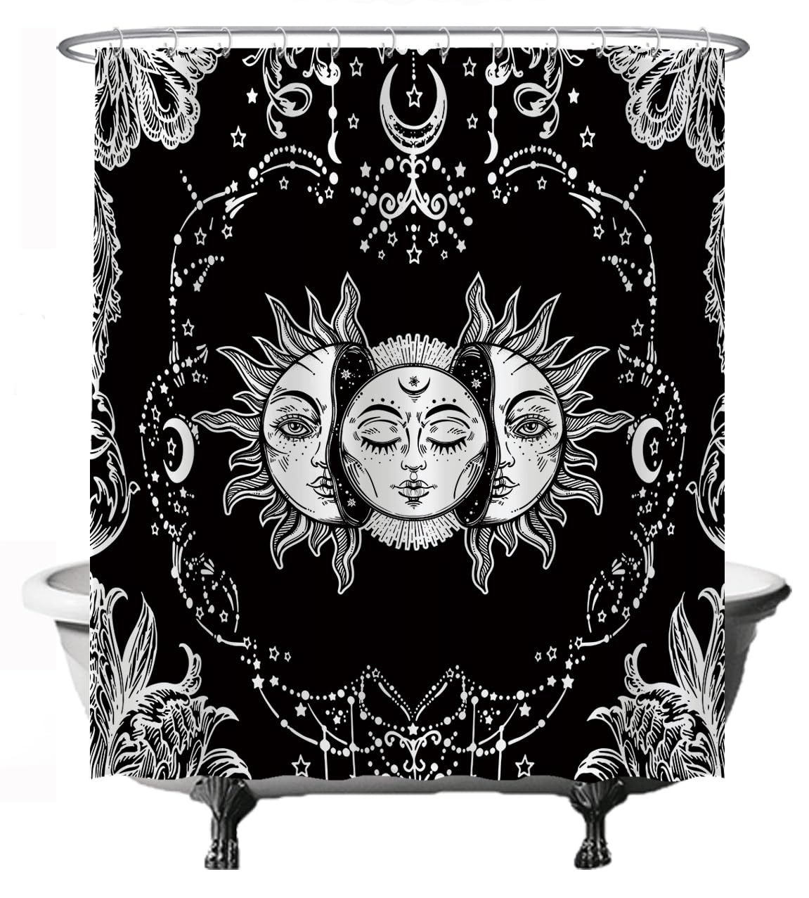Ulticool Shower Curtain Sun Moon Zodiac Tarot Nature Bohemian Anti-mildew Effect Washable Waterproof with 12 Rings Black-White 180x200cm