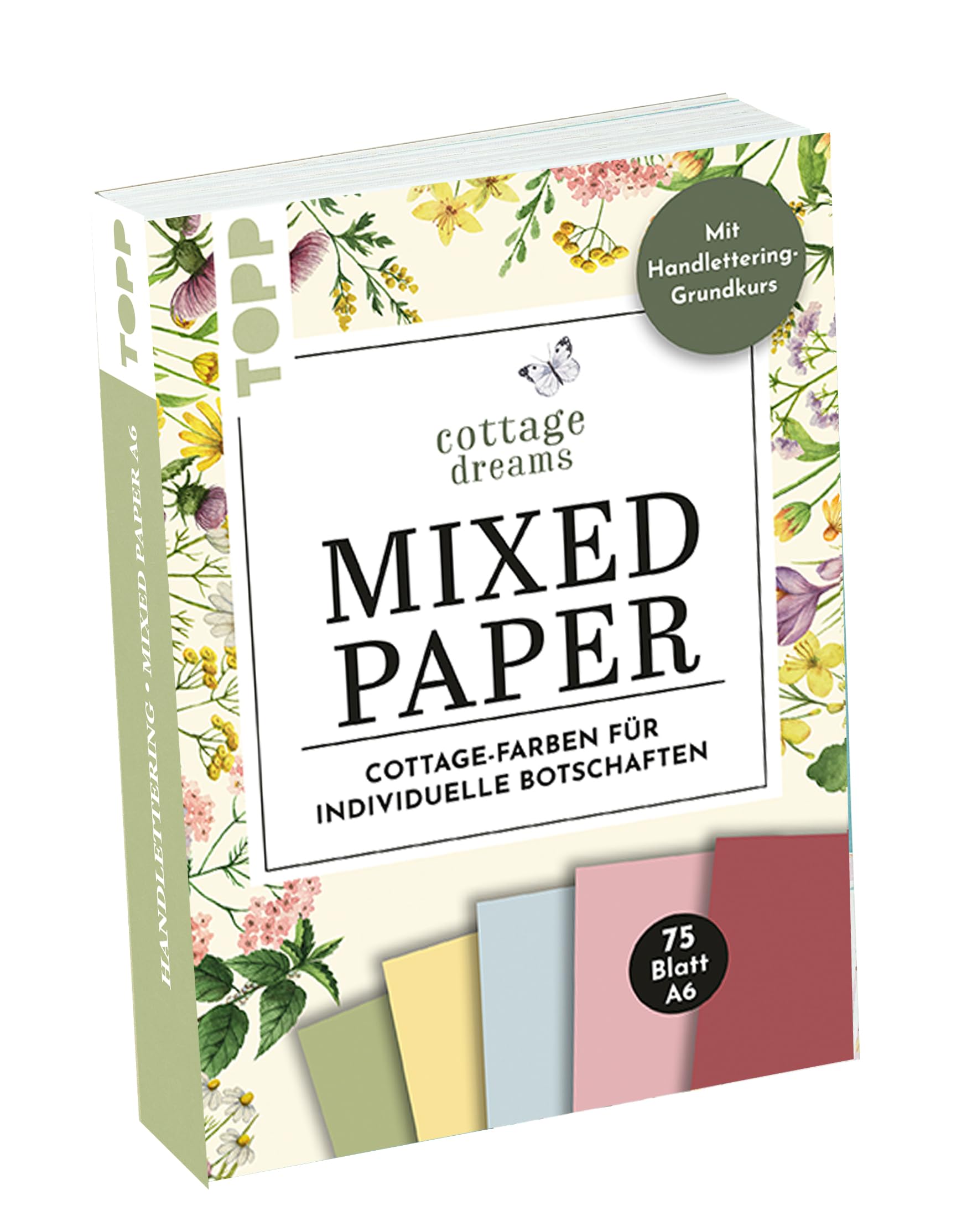 Handlettering Mixed Paper Block Cottage Dreams - Gelb, Grün, Blau, Rosa, Rot - A6: 75 feste Motivpapiere A6 in 5 Cottagefarben. Mit Handlettering-Grundkurs