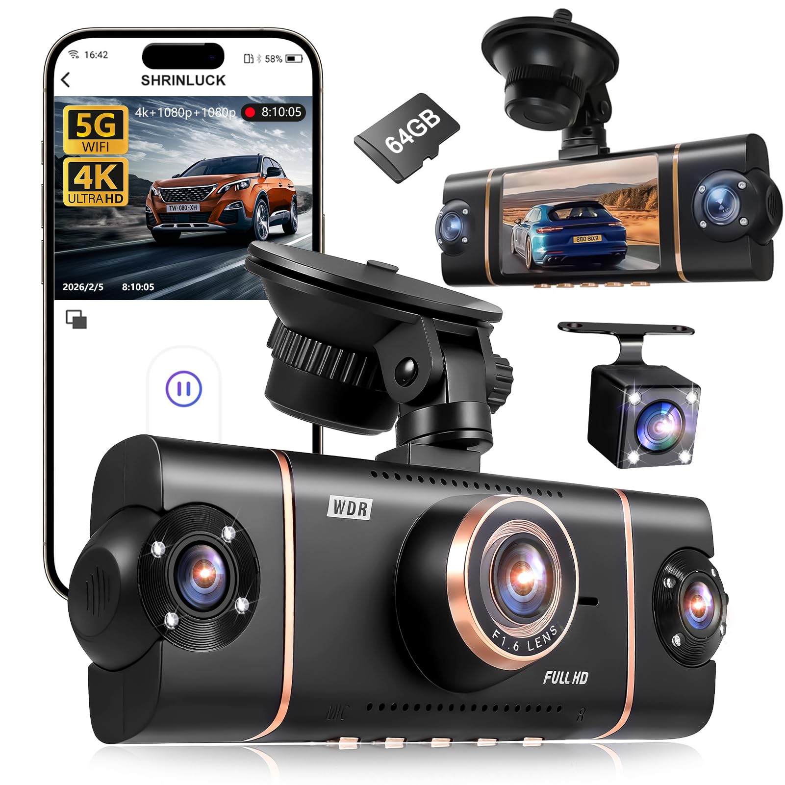 Photo 1 of 4 Channel Dash Cam 360° View Front Rear Inside & Left Right,4K+1080P*3 FHD Car Camera,5G WiFi & APP Control,8 IR Lamps Night Vision, G-Sensor, 24H Parking Mode, with a Free 64GB SD Card