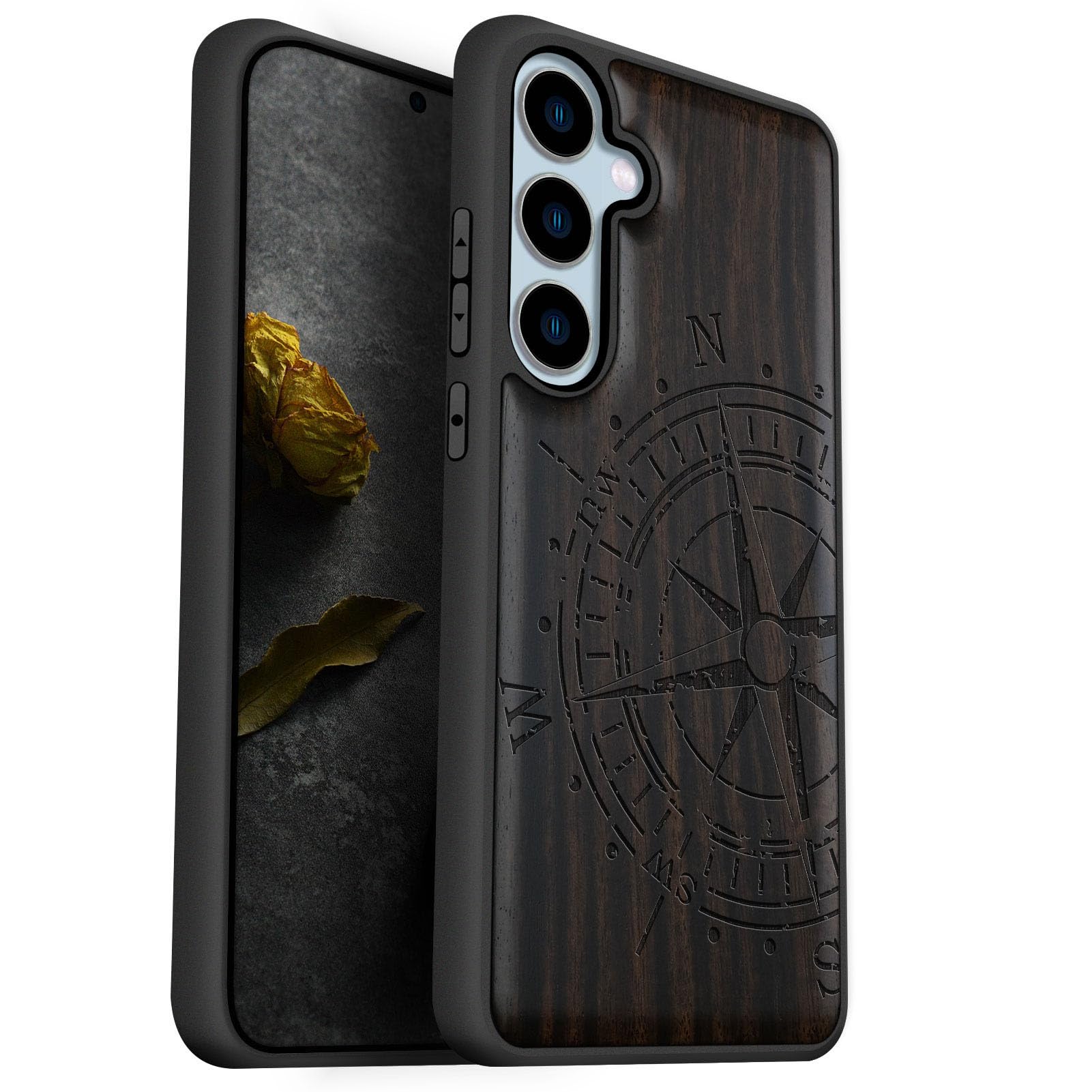 Carveit Wood Case for Galaxy S24 FE - Natural Wood & Black Soft TPU Shockproof Protective Cover - Unique Wooden Case Compatible with S24 FE (The Incomplete Compass-Blackwood)