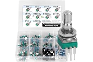 3PDT 60 pcs Small 9mm onboard PCB Potentiometer Assortment 10 Values, B1K, B5K, B10K, B20K, B50K, B100K, B200K, B500K, B1M and A100K, Vertical Legs Terminal, 15mm axis, RV097 RK097 SMD