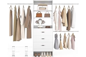 Besiost 96'' Closet Organizer System with 3 Hanging Rods, 8FT Closet Organizers and Storage with 3 Wooden Drawers, Built in Closet Organizer Systems, Adjustable Walk-in Wardrobe from 5-8FT, White