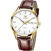 OLEVS Watches for Men Brown Leather Gold Case Analog Quartz Fashion Business Dress Watch Day Date Luminous Waterproof Casual Male Wrist Watches