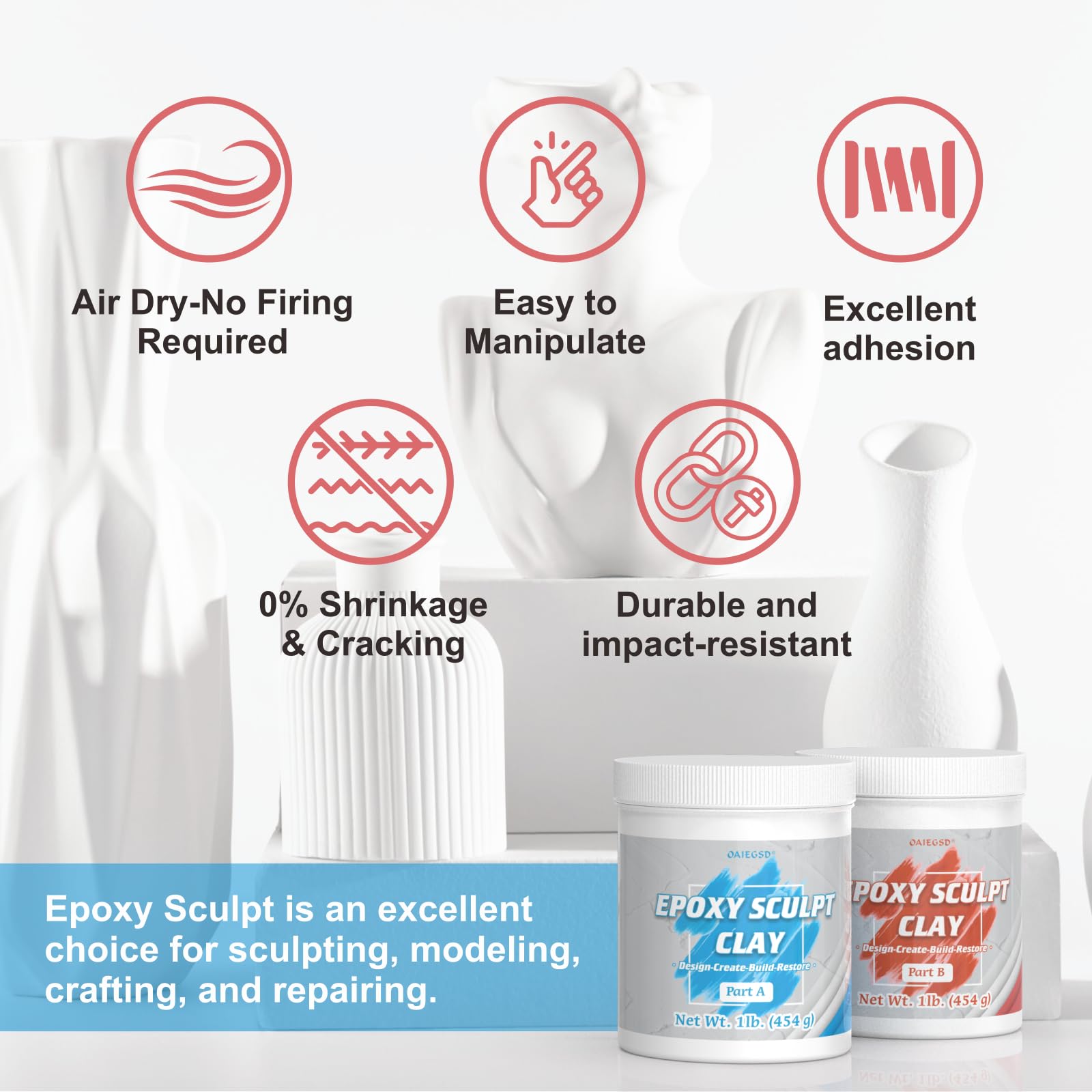 2 Pound White Epoxy Putty Sculpt Clay, 2 Part (A & B) Modeling Compound for Sculpting, Modeling, Building, Repairing, Self-Hardening Epoxy Clay Easily Repairs Metal, Wood, Tile, Ceramics, Plastic