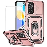 Yodueiv for Redmi Note 11 (4G)/Redmi Note 11S with Tempered Glass Screen Protector and Slide Camera Cover, Magnetic Ring Car Mount Holder Kickstand Protective Cover for Xiaomi Redmi Note 11 Rose Gold