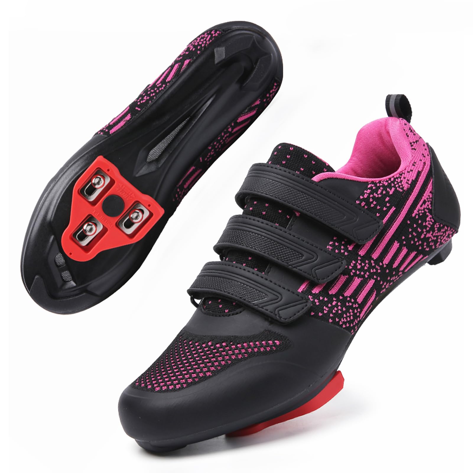 Photo 1 of Unisex Road Bike Cycling Shoes Compatible with Peloton Shimano SPD Bike Riding Shoes for Men Women, 3 Straps, Pre-Installed Delta Cleats for Indoor Outdoor Cycling Biking Size 7 (BLPink)