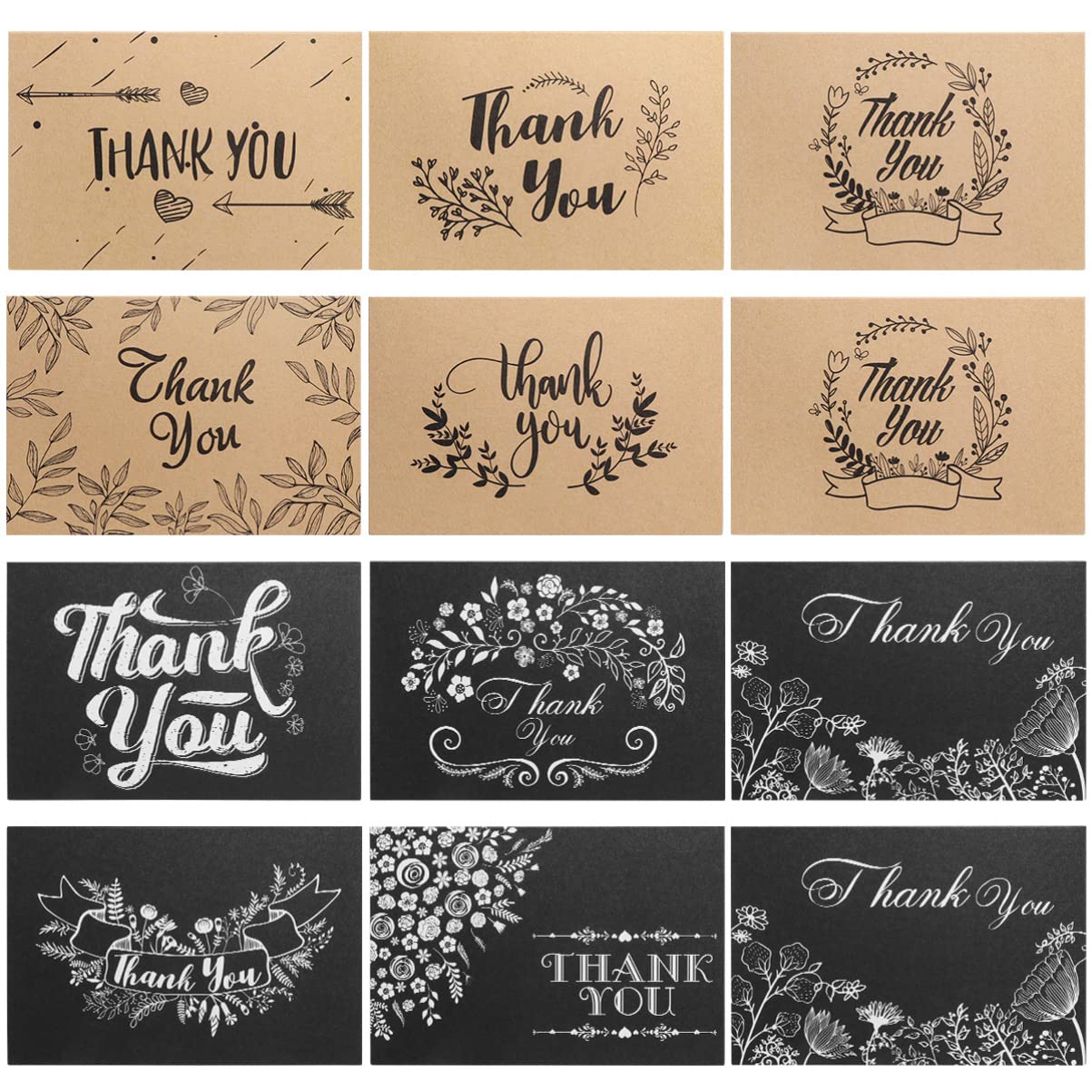 PartyKindom 150 Pack Thank You Cards with Envelopes and Stickers, Brown Envelopes Wedding Thank You Cards Small Business| Teacher Baby Shower Graduation Bulk
