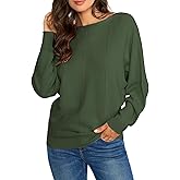 Ckikiou Spring Fall Boat Neck Batwing Soft Knitted Sweater for Women Casual Loose Dolman Sleeve Ribbed Pullover Top