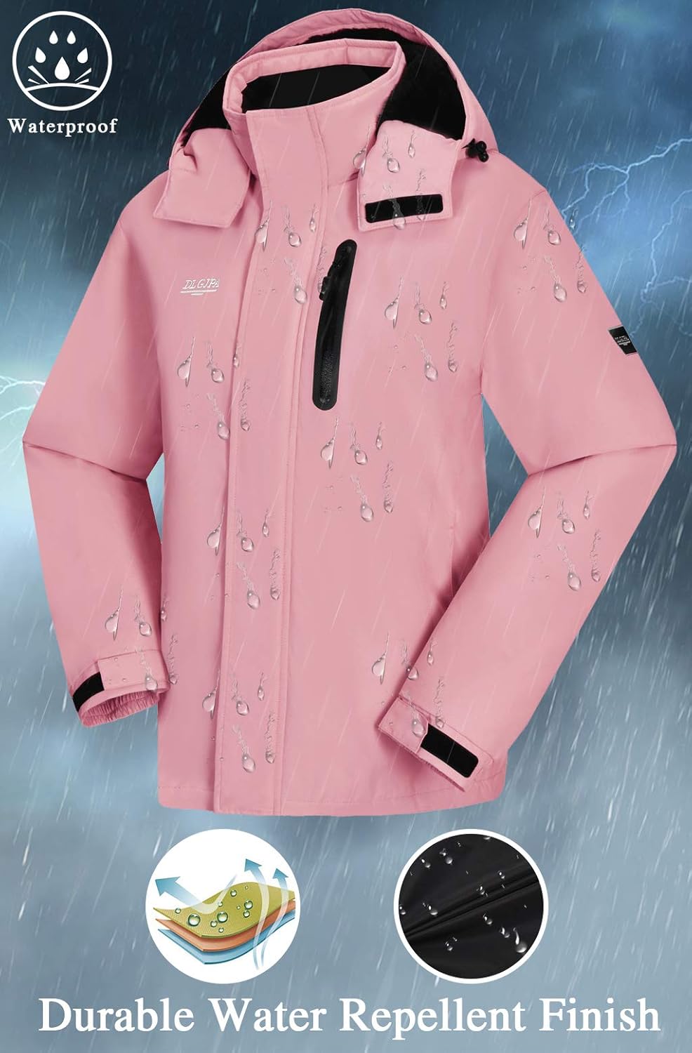DLGJPA Womens Mountain Waterproof Ski Jacket Detachable Hood Windproof