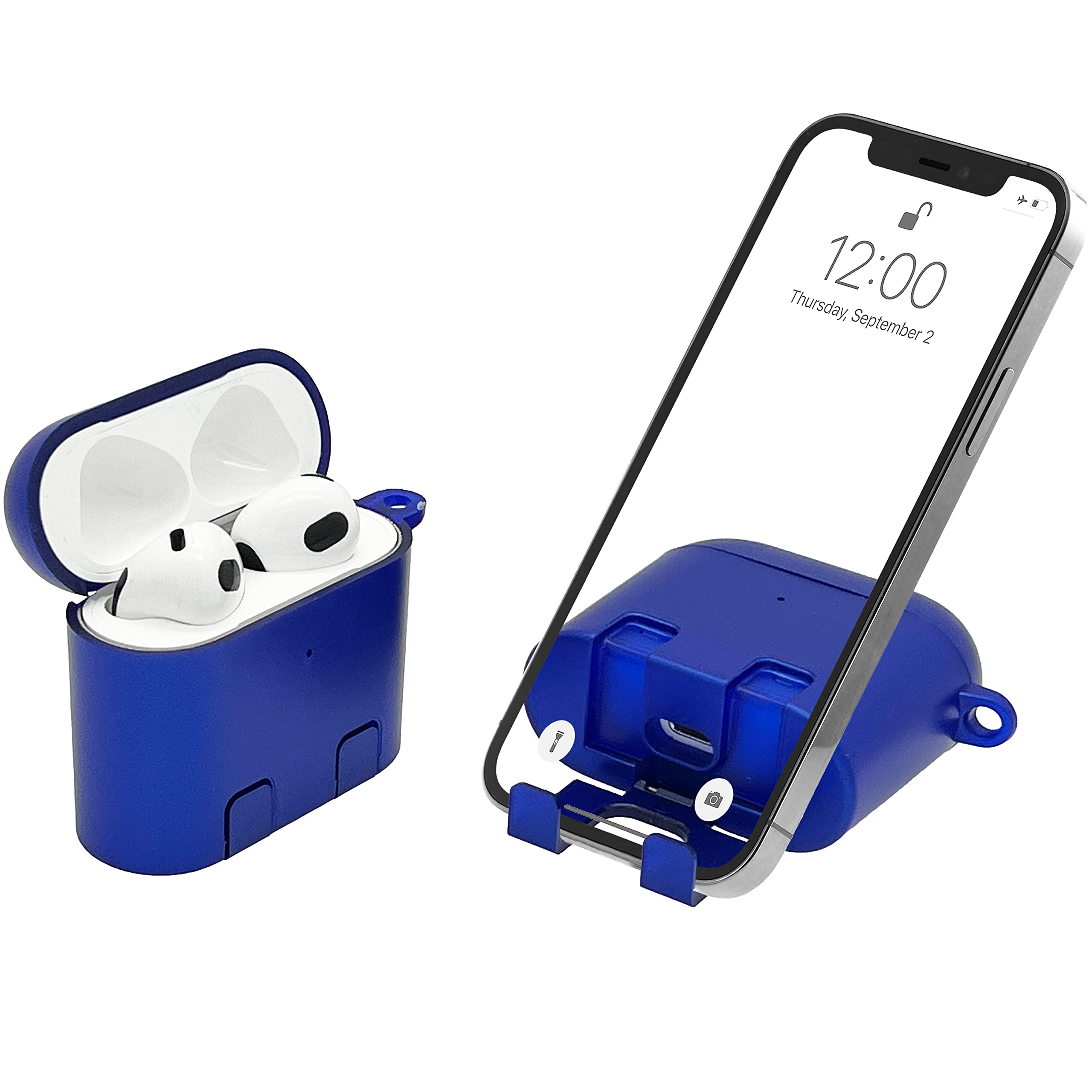 AirStand - AirPods 3 Case Cover with Invisible Phone Stand, Compatible with AirPods 3, Full Protection Shockproof Case with Keychain Carabiner, Wireless Charging Supported, Patented Design (Sapphire)