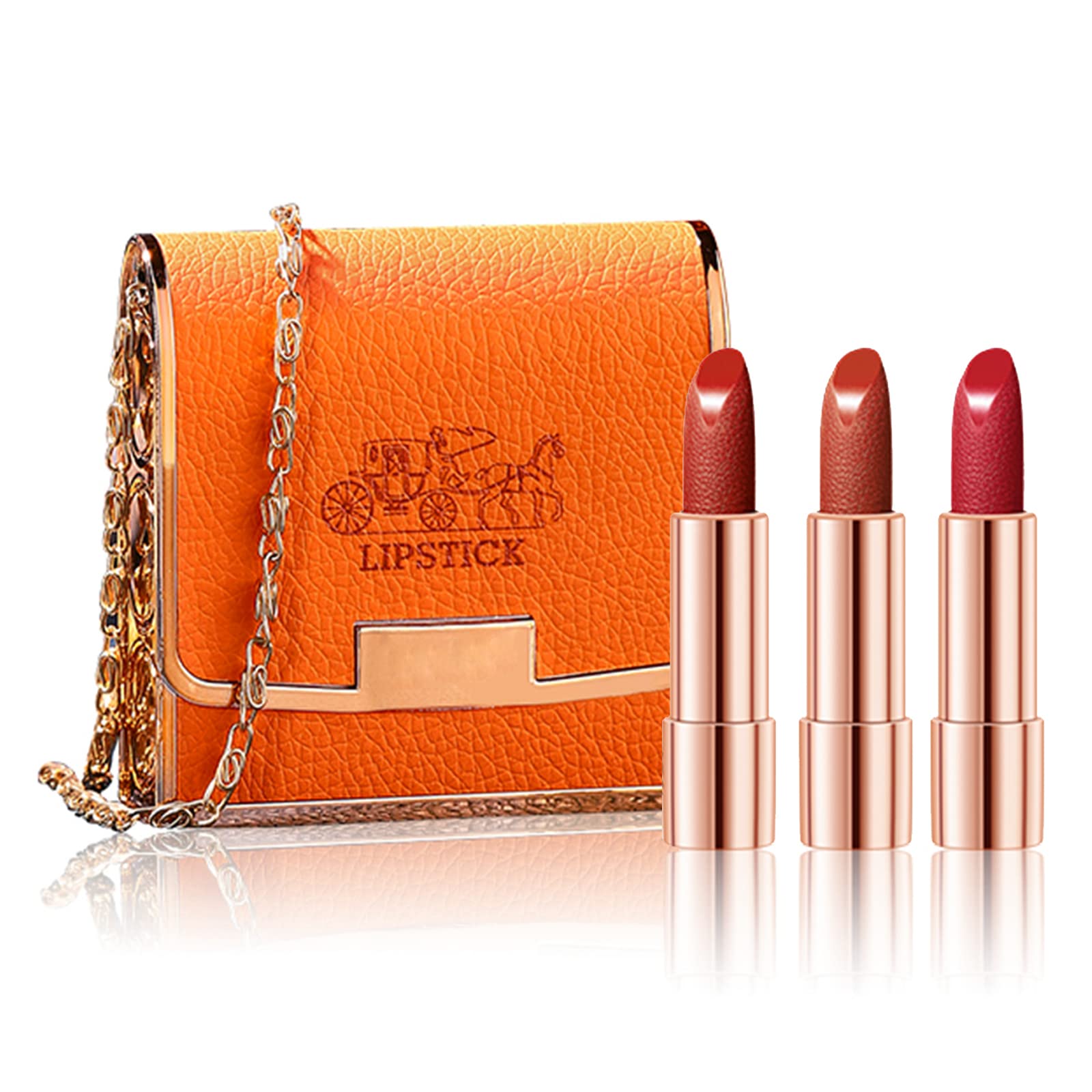 Matte Lipstick Set 3 Colors Lip Stick with Orange Chain Bag Package Velvet Lip stick Gift Box Set Waterproof Non-Stick Cup Long Lasting Retractable Red Lipstick Set 3.5gx3 Pcs