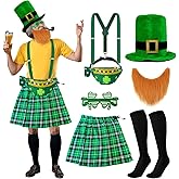 Augacage 7 Pcs St. Patrick's Day Costume Kit leprechaun Costume Include Irish Plaid Green Kilt Suspenders Green Fanny Pack with Hat Sock Glasses Fake Beard for Irish Costumes Accessories Men Women
