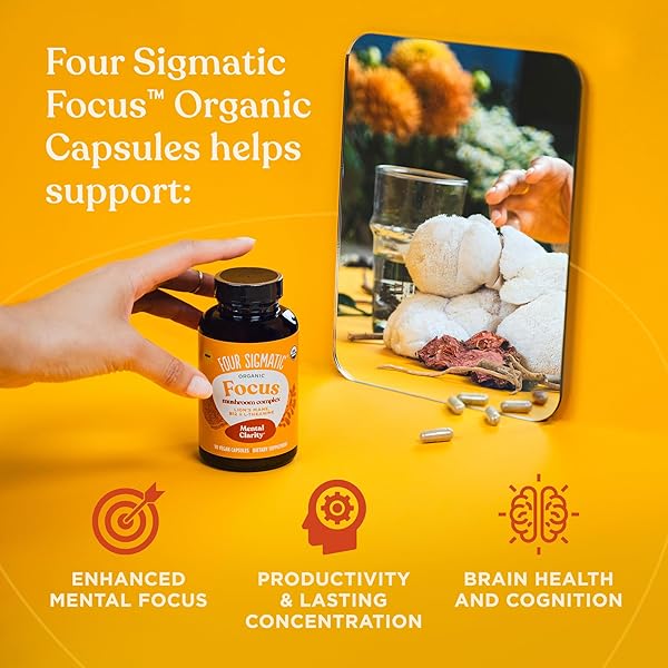 FOUR SIGMATIC FOCUS CAPSULES | LION’S MANE SUPPLEMENT CAPSULES | BRAIN BOOSTING COMPLEX WITH ASHWAGANDHA, BACOPA MONNIERI & RHODIOLA | VEGAN NOOTROPIC ADAPTOGEN & MUSHROOM SUPPLEMENT | 30 SERVINGS