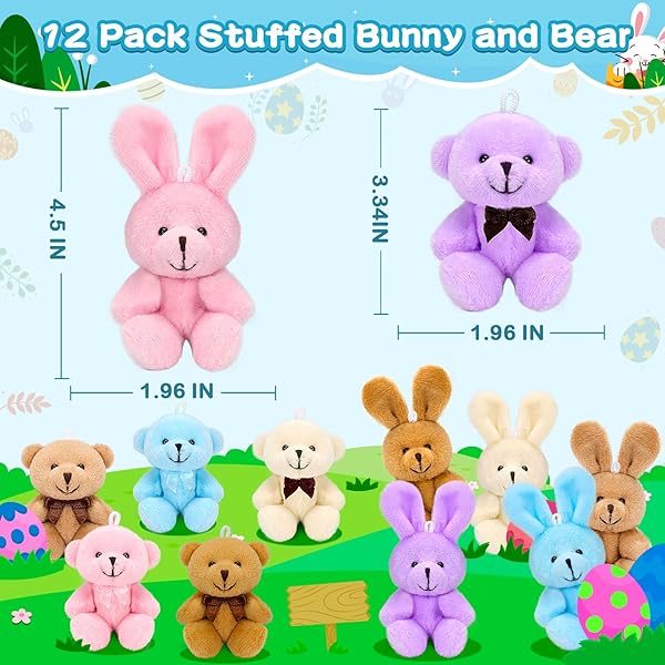 JUMLYS 12 PACK PREFILLED EASTER EGGS WITH STUFFED ANIMAL TOYS, SURPRISE PLASTIC EASTER EGGS FILLED WITH PLUSH BUNNY AND BEAR FOR KIDS, PERFECT FOR EASTER EGG HUNT , BASKET STUFFERS AND PARTY FAVORS