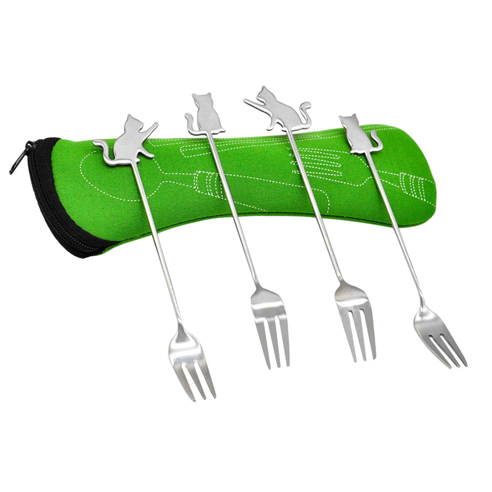 Cake Forks Lovely Cat Stainless Steel Fruit Pastry Dessert Forks with Case for Home Home Camping Picnic 4pcs (14.6x2cm)