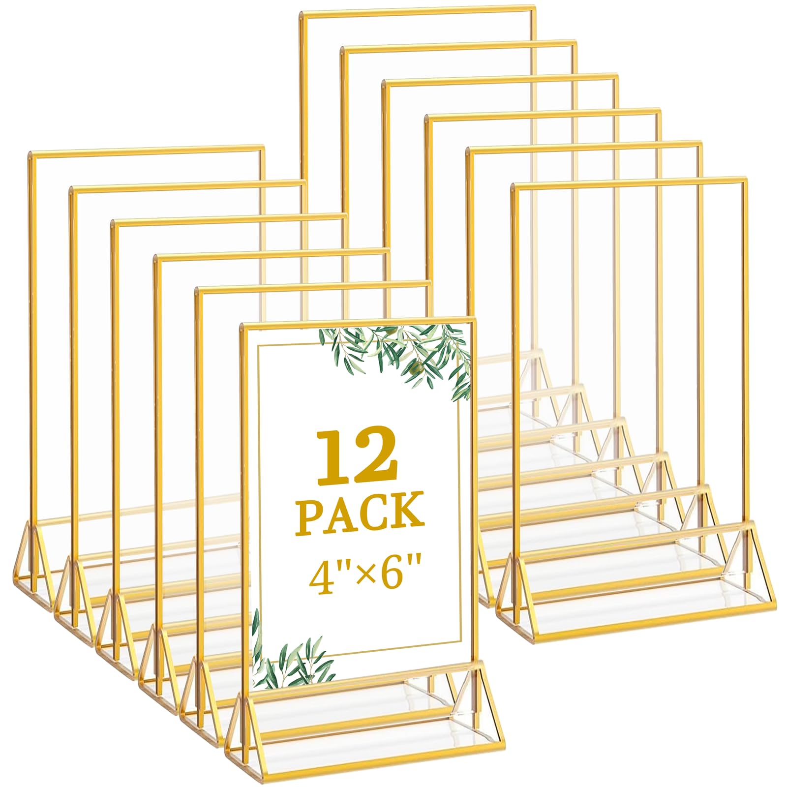 Photo 1 of Floroom 12 Pack 4x6 Inch Clear Acrylic Sign Holders, Double-Sided Gold Display Stand Picture Frames for Table Numbers, Menus, Flyers, Weddings, and Offices