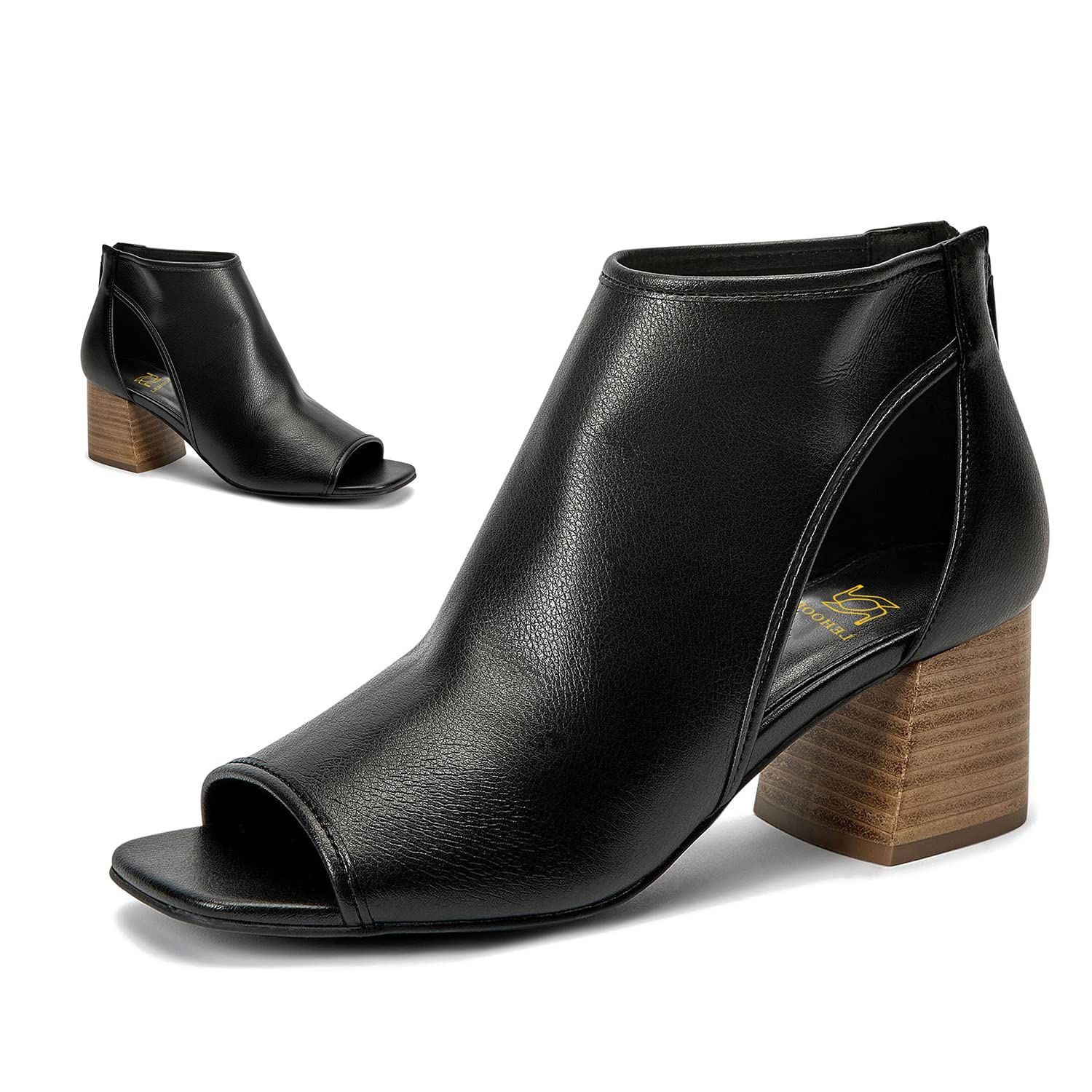 Photo 1 of LEHOOR Women Chunky High Heel Booties Suede Open Toe Side Cut-Out Ankle Boots Back Zipper Matte 2” Block Stacked Heel Summer Casual Dress Heeled Ankle Sandal Booties Cute Matte Black Size 10