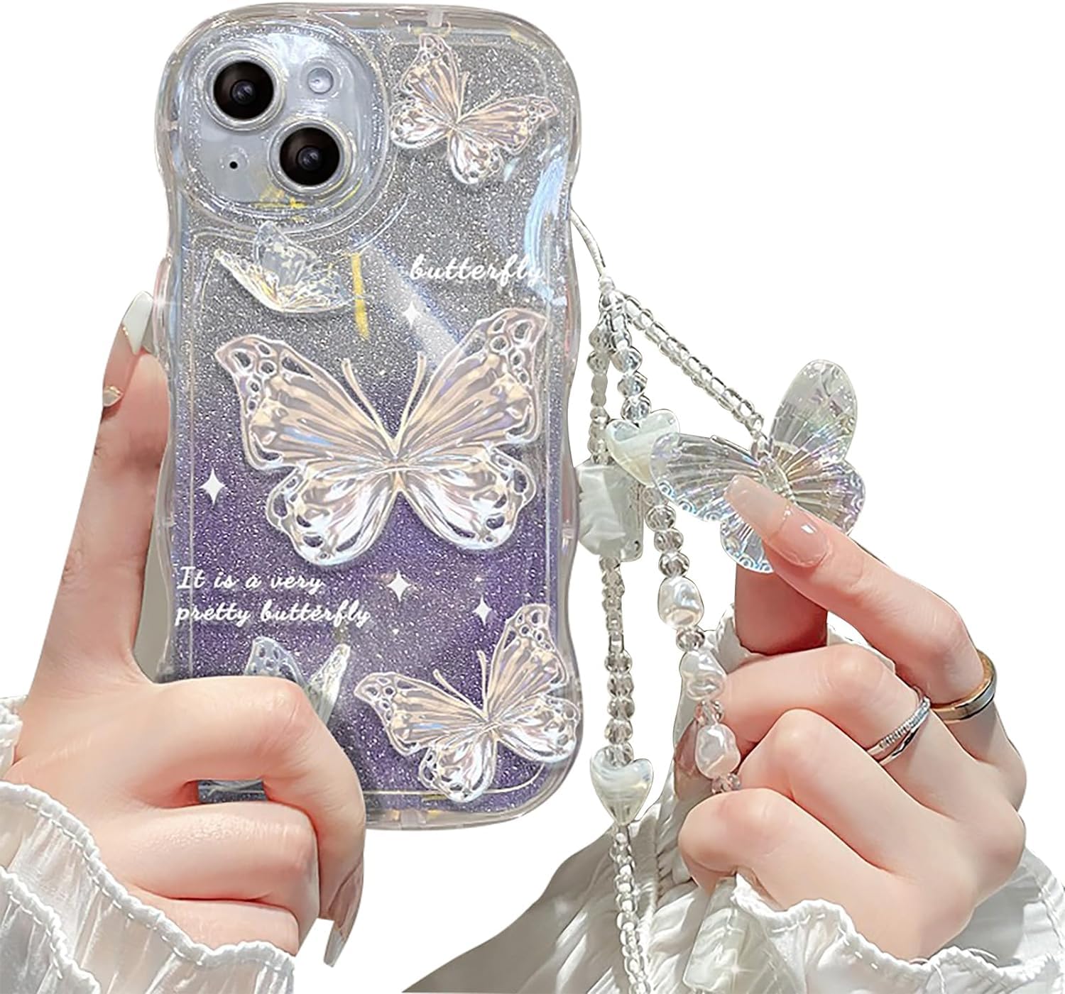 Cutecasee Compatible with iPhone 15 Pro Max Case for Women/Girls, Cute Butterfly Glitter Bling with Bracelets Anti-Scratch Shockproof Case for iPhone 15 Pro Max, Purple with Bracelets