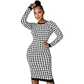 Suillty Women's Houndstooth Print Long Sleeve Midi Dress Hollow Out Bodycon Dress Party Club Dresses