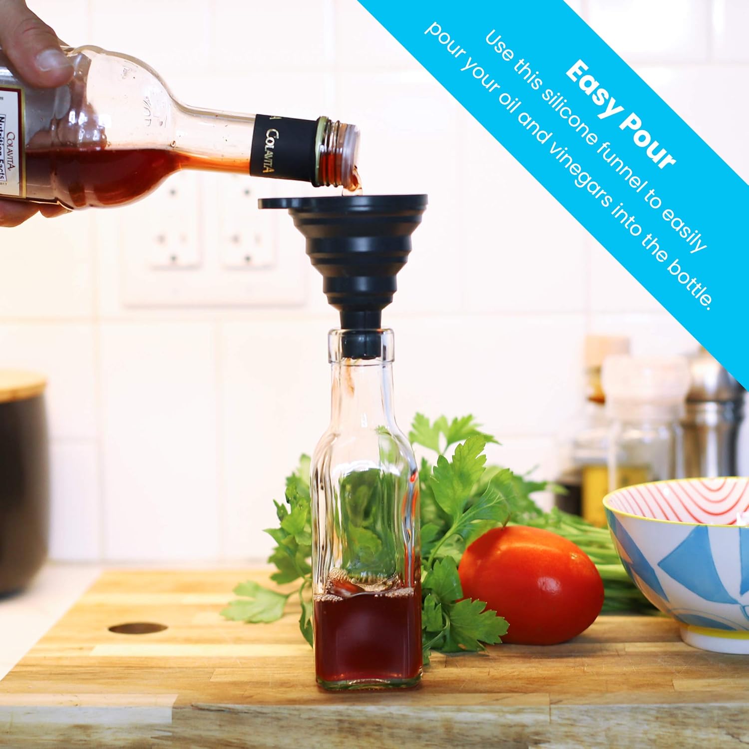 Zeppoli Oil and Vinegar Bottle Set 5oz [2-Pack] - Comes with Stainless Steel Rack, Removable Cork, Funnel, and Spout Caps - Dual Cork Spout - Glass Olive Oil Dispenser Set: Kitchen & Dining