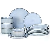 E-far 12-Piece Plates and Bowls Sets, Stoneware Dinnerware Dishes Sets for 4, Kitchen Modern Dining Dishware, Chip & Scratch Resistant, Microwave & Dishwasher Safe, Dusty Blue