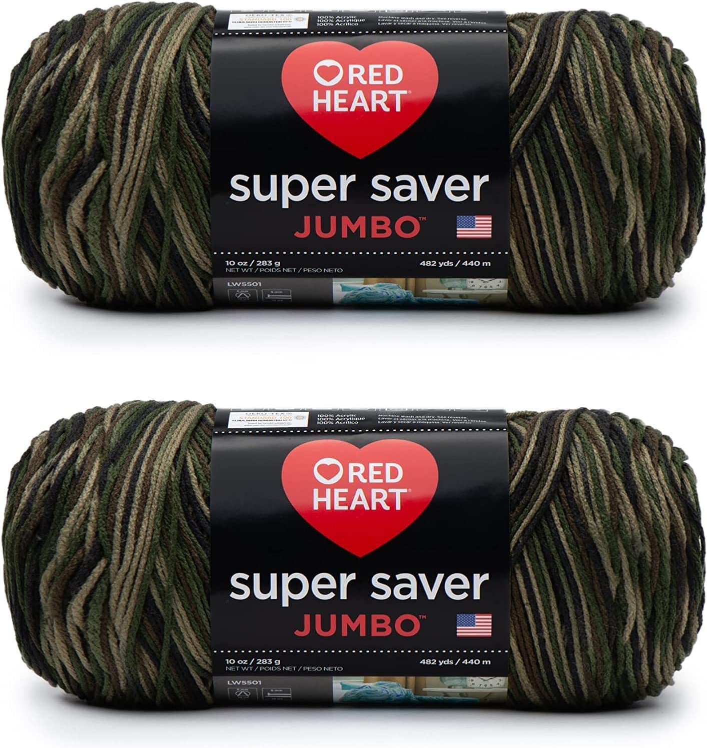 Red Heart Super Saver Jumbo Camouflage Yarn - 2 Pack of 283g/10oz - Acrylic - 4 Medium (Worsted) - 482 Yards - Knitting/Crochet