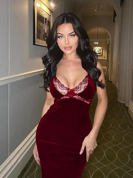 EKALIY WOMEN’S LACE TRIM V NECK VELVET DRESS ELEGANT MERMAID BODYCON COCKTAIL PARTY MAXI DRESS RED L