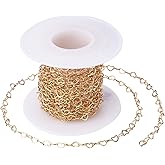 Pandahall 16.4 Feet 18K Gold Plated Brass Heart Link Chains 3x5x0.5mm Soldered Brass Cable Chains with Spool for Bracelet Necklace Jewelry Making