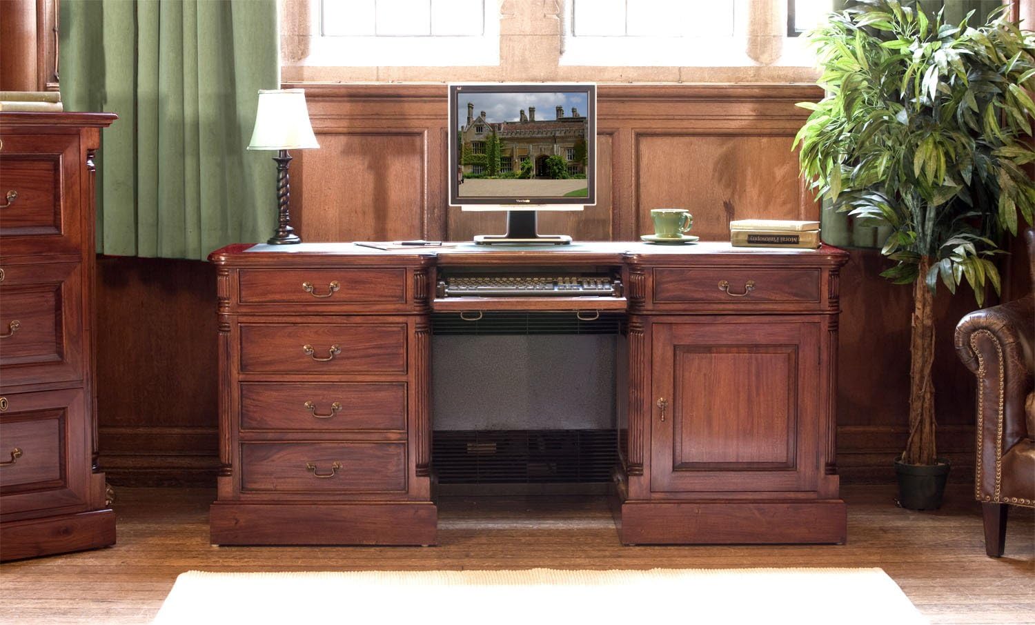 La Roque Solid Mahogany 2 Door 5 Drawer Double Pedestal Computer Desk Gloss Lacquer Finish | Wooden Dressing Table with Storage