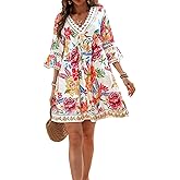 CUPSHE Women V Neck Lace Trim Mini Summer Dress Cover Up 3/4 Sleeve Ruffled Cuff Casual Sundress Beach Dresses Cover Ups