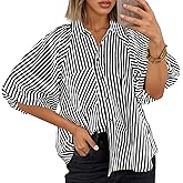 Tankaneo Womens Short Puff Sleeve Button Down Shirts Striped Trendy Casual Loose Fit Blouse V Neck Collared Tops