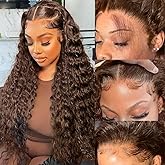 Chocolate Brown Lace Front Wigs Human Hair 13x6 Deep Wave Lace Front Wigs Human Hair 200 Density HD Colored Deep Curly Lace Frontal Wigs for Women Pre Plucked with Natural Hairline (Brown Wig, 30inch)
