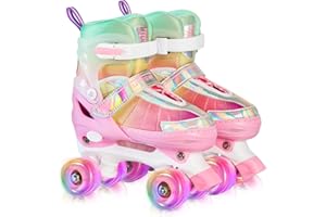 LEVYTEMP Rainbow Roller Skates for Girls Kids, Gradient Pink Purple 4 Size Adjustable Quad Skates Size XS S, M, L Ages 3-12 with All Light Up Wheels for Kids Youth Outdoor Indoor