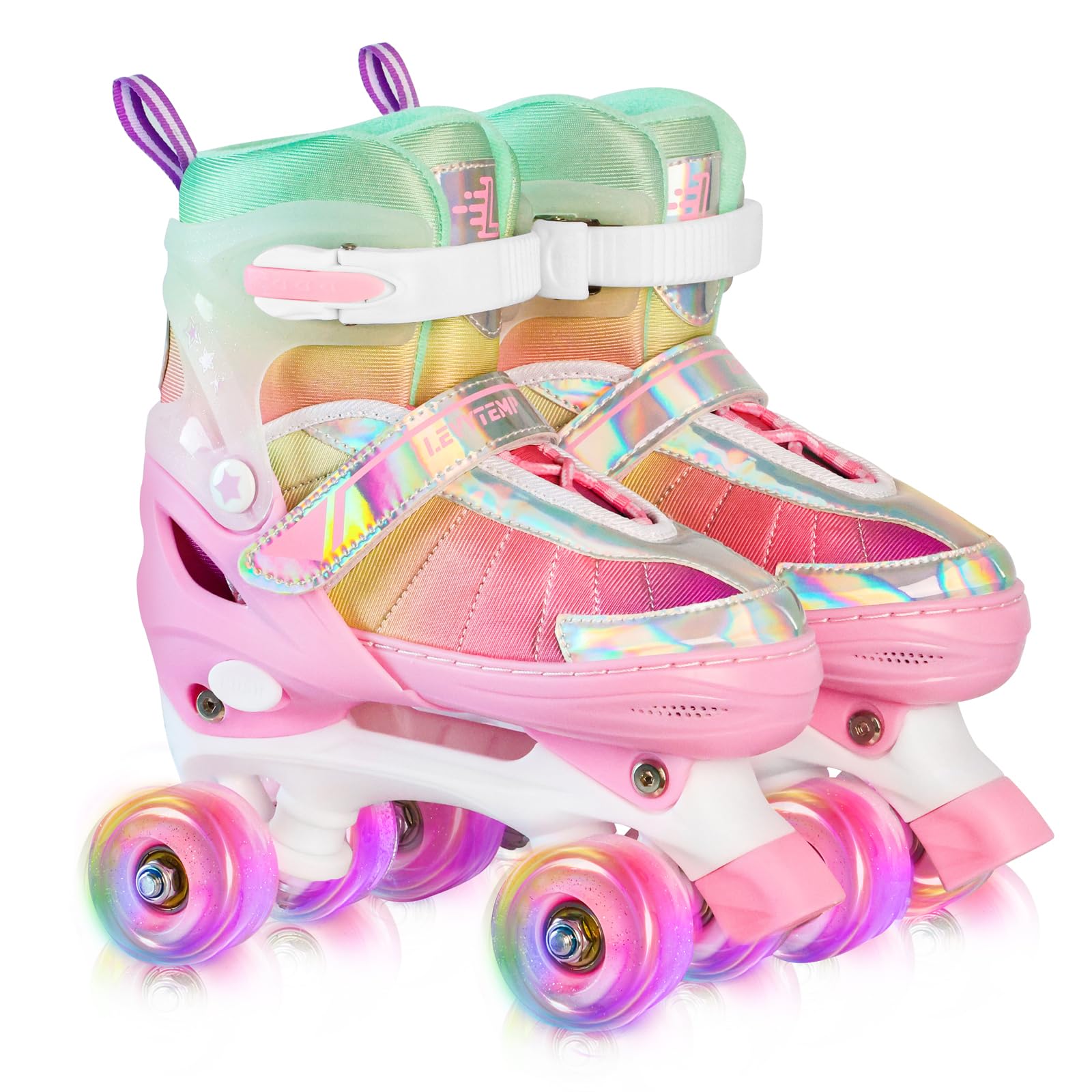 Photo 1 of *MINOR DAMAGE - USED*
LEVYTEMP Rainbow Roller Skates for Girls Kids, Gradient Pink 4 Size Adjustable Quad Skates Size Medium Ages 6-12 with All Light Up Wheels for Kids Youth Outdoor Indoor