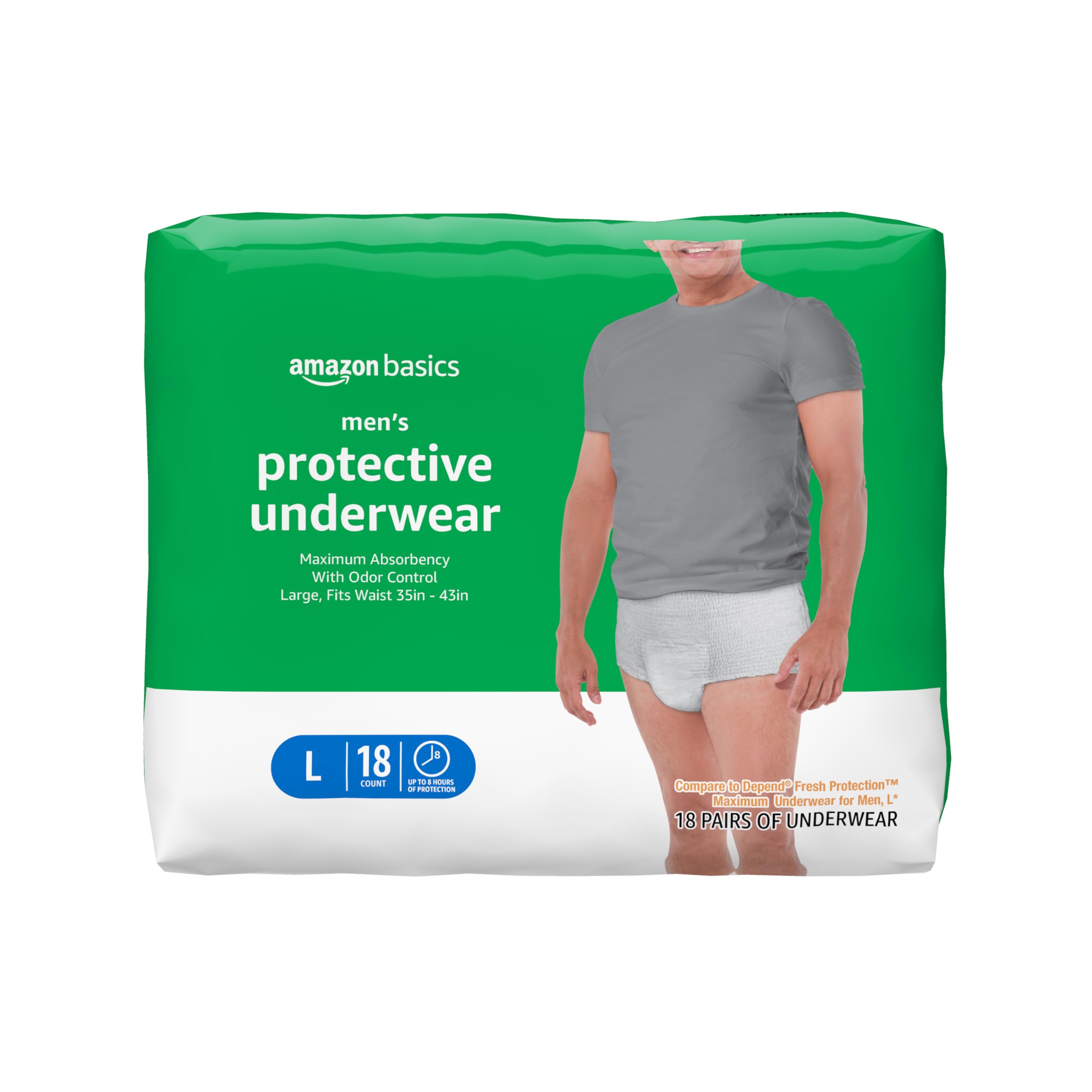 Photo 1 of Amazon Basics Maximum Absorbency Incontinence Underwear for Men with Leak Protection, Advanced Odor Protection, Soft Cotton Feel, Large, 18 Count