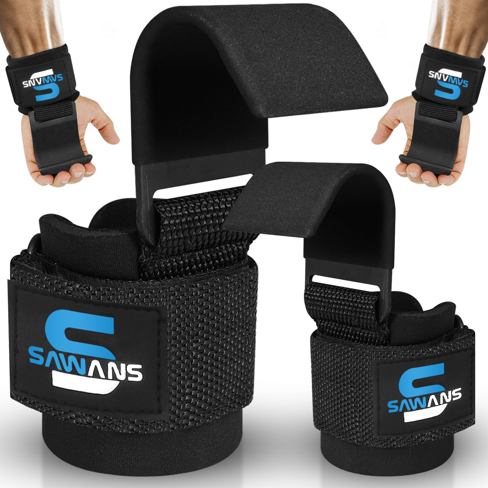 SAWANS Weight Lifting Hooks Thick Padded Neoprene Rubber Coated Grips 8mm Wrist Support Pair of Lifting Straps with Hooks Fitness Training Straps Power Weightlifting Deadlifts Exercise (Black)