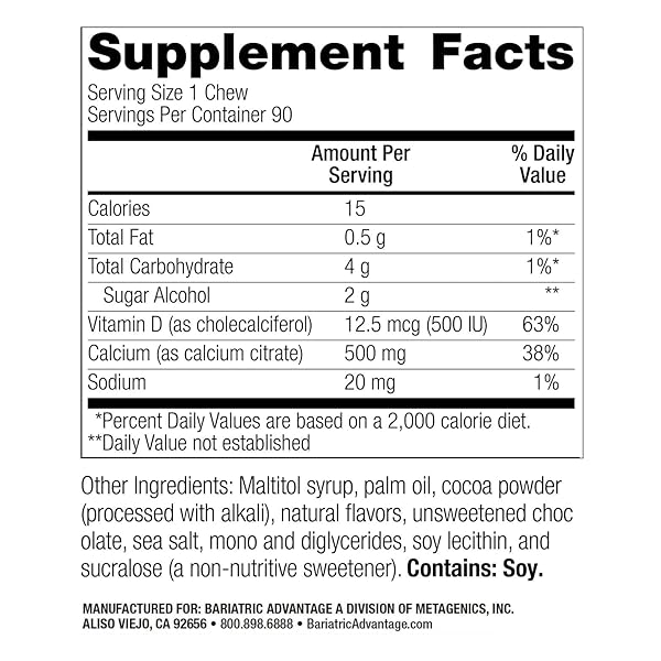 BARIATRIC ADVANTAGE CALCIUM CITRATE CHEWY BITES 500 MG – HIGHLY ABSORBABLE & DIGESTIBLE – VITAMIN D3 – EASILY CHEWABLE CALCIUM SUPPLEMENT – CHOCOLATE FLAVOR – 90 COUNT