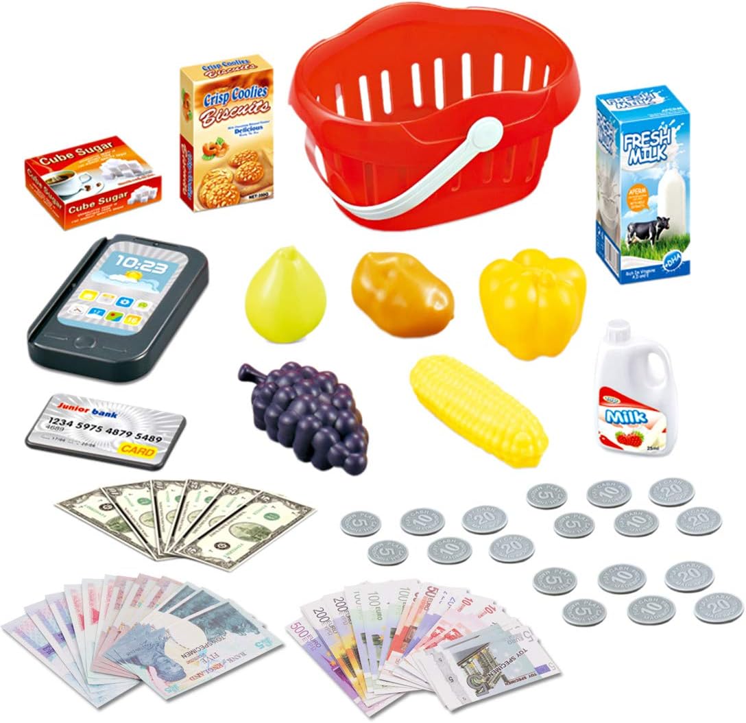 deAO Kids Toy Till Cash Register with Scanner, Play Food and Shopping Basket - Image 5