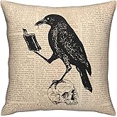 VARUN Throw Pillow Covers Black Crow Standing on Human Skull Square Pillowcases for Home Decor Sofa Car Bedroom Newspaper Background Bird Painting Pillow Cases 18x18inch