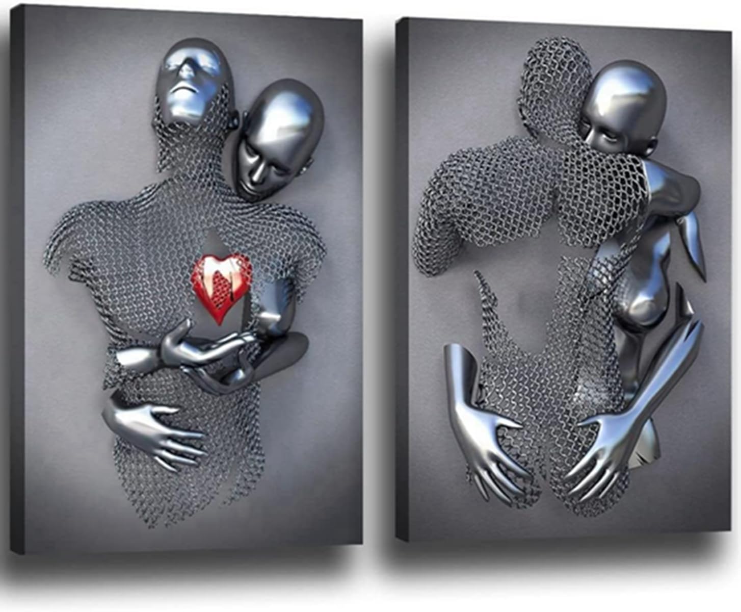 3D Romantic Cuddle Lovers Sculpture Poster Metal Figure Statue Art Love Heart Kiss Pictures Wall Art, Without Frame (Poster 03, 2 Pieces - 60 x 90 cm)